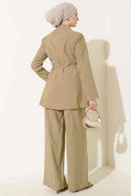Çapraz Üç Düğmeli Modal İkili Takım Bej - İkili Takım