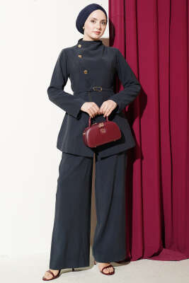 Çapraz Üç Düğmeli Modal İkili Takım Lacivert - HEWES