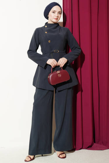 Çapraz Üç Düğmeli Modal İkili Takım Lacivert - İkili Takım
