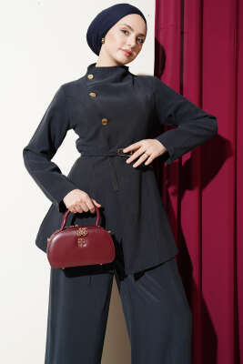 Çapraz Üç Düğmeli Modal İkili Takım Lacivert - İkili Takım