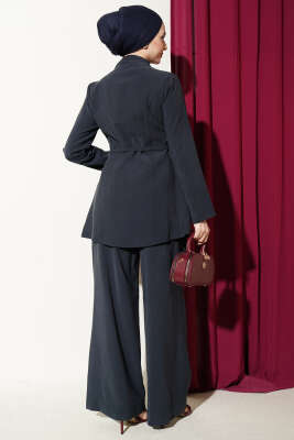 Çapraz Üç Düğmeli Modal İkili Takım Lacivert - İkili Takım