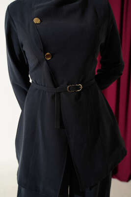 Çapraz Üç Düğmeli Modal İkili Takım Lacivert - İkili Takım