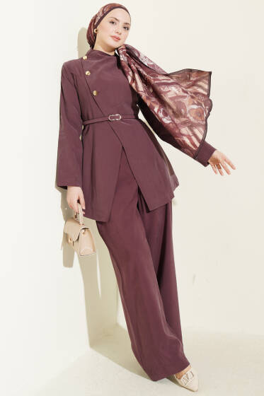 Çapraz Üç Düğmeli Modal İkili Takım Mürdüm - İkili Takım