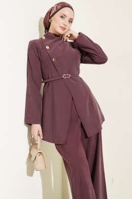 Çapraz Üç Düğmeli Modal İkili Takım Mürdüm - İkili Takım