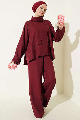 Çapraz Yaka Düğmeli İkili Takım Bordo - HOTFASHION