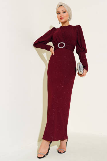 Çapraz Yaka Simli Abiye Elbise Bordo - Elbise