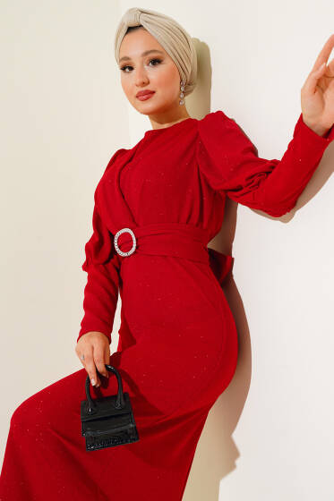 Çapraz Yaka Simli Abiye Elbise Kırmızı - Elbise