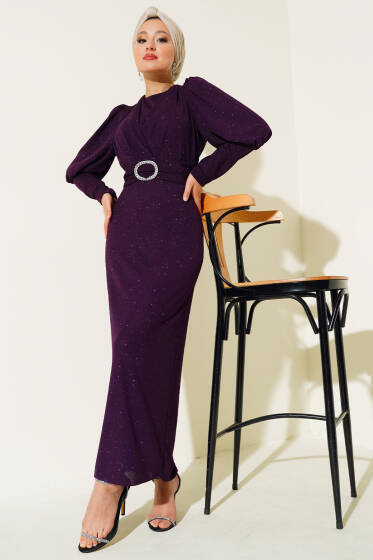 Çapraz Yaka Simli Abiye Elbise Mor - Elbise