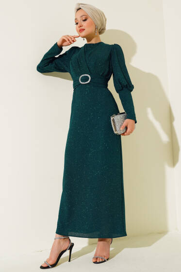 Çapraz Yaka Simli Abiye Elbise Zümrüt Yeşili - Elbise