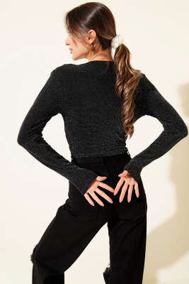 Çapraz Yaka Simli Bluz Siyah - Yılın Fırsatı