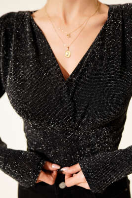 Çapraz Yaka Simli Bluz Siyah - Yılın Fırsatı