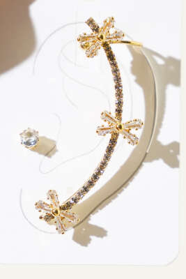 Çarpı Taşlı Kıkırdak Küpe Gold - Küpe