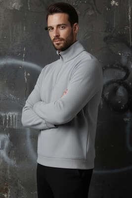 Casual Yaka Yazılı Fermuarlı Erkek Sweatshirt Gri - FRESHMAN
