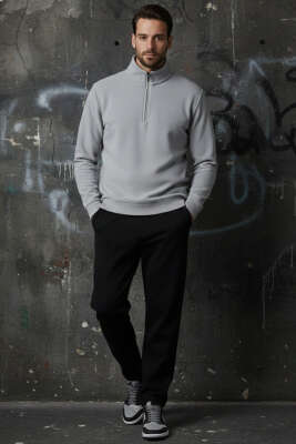 Casual Yaka Yazılı Fermuarlı Erkek Sweatshirt Gri - Erkek Sweatshirt