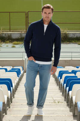 Casual Yaka Yazılı Fermuarlı Erkek Sweatshirt Lacivert - Erkek Sweatshirt