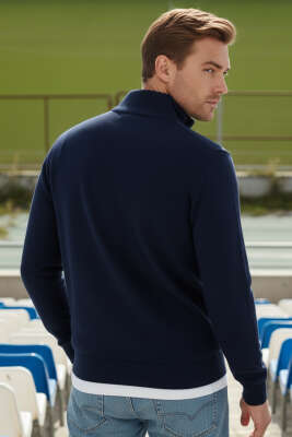 Casual Yaka Yazılı Fermuarlı Erkek Sweatshirt Lacivert - Yılın Fırsatı