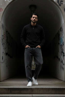 Casual Yaka Yazılı Fermuarlı Erkek Sweatshirt Siyah - Erkek Sweatshirt