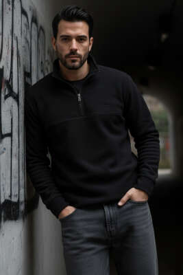 Casual Yaka Yazılı Fermuarlı Erkek Sweatshirt Siyah 