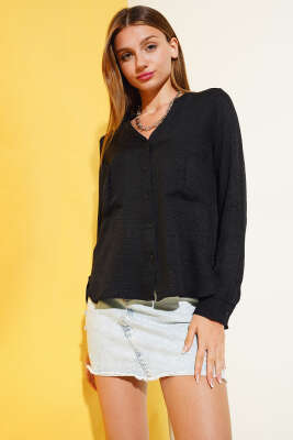 Cebi Düğmeli Salaş Gömlek Siyah - Kadın Giyim Modelleri