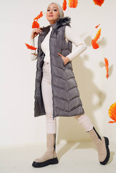 Cebi Fermuarlı Şişme Yelek Füme - Yelek