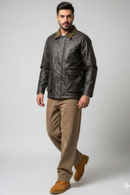 Cebi Kapaklı Kadife Yaka Erkek Mont Kahve - Erkek Mont