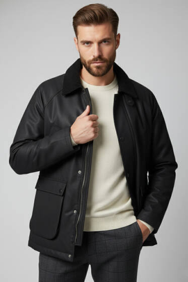 Cebi Kapaklı Kadife Yaka Erkek Mont Siyah - Erkek Mont