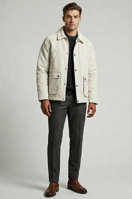 Cebi Kapaklı Kadife Yaka Erkek Mont Taş - Erkek Mont