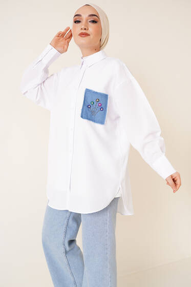 Cebi Kot Detaylı Gömlek Beyaz - Gömlek