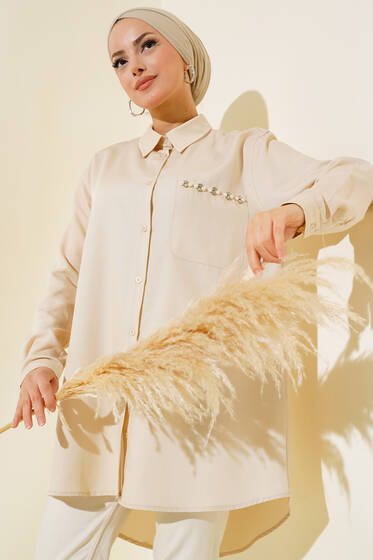 Cebi Taş Detaylı Tunik Bej - Tunik