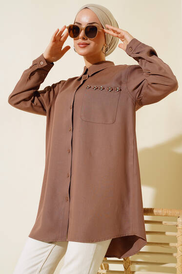 Cebi Taş Detaylı Tunik Kahve - Tunik