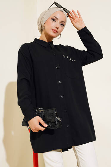 Cebi Taş Detaylı Tunik Siyah - Tunik