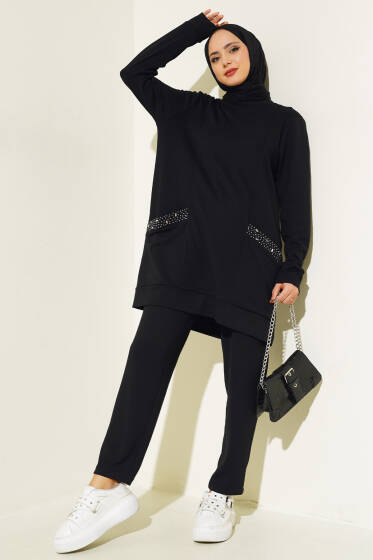 Cebi Taş Süslemeli İkili Takım Siyah - İkili Takım