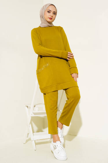 Cebi Taş Süslemeli İkili Takım Yağ Yeşili - İkili Takım