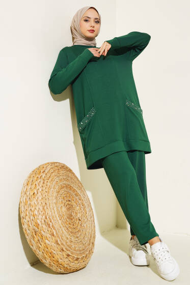 Cebi Taş Süslemeli İkili Takım Zümrüt - İkili Takım