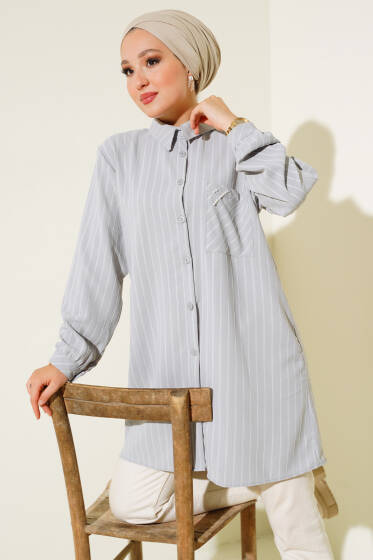 Cebi Taşlı Çizgili Gömlek Gri - Gömlek