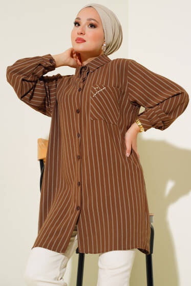 Cebi Taşlı Çizgili Gömlek Kahve - Gömlek