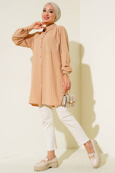Cebi Taşlı Çizgili Gömlek Latte - Gömlek