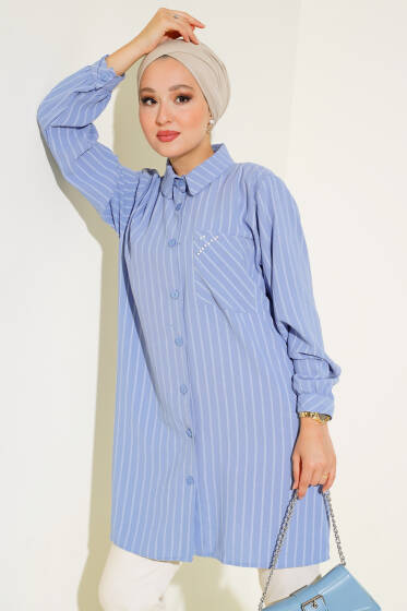 Cebi Taşlı Çizgili Gömlek Mavi - Gömlek
