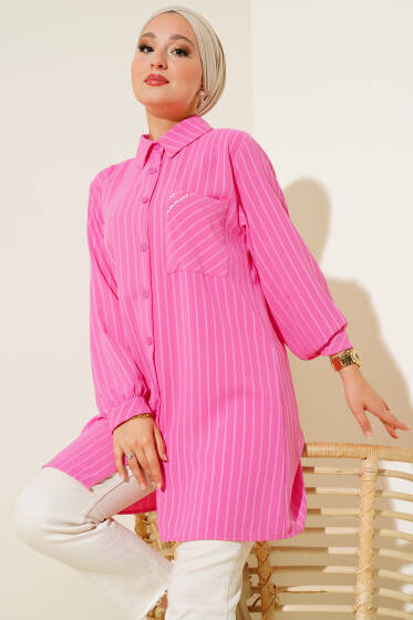 Cebi Taşlı Çizgili Gömlek Pembe - Gömlek