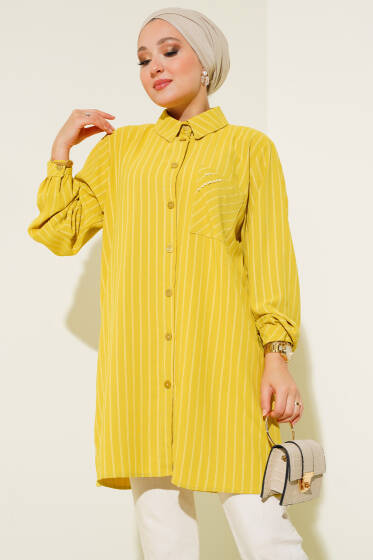 Cebi Taşlı Çizgili Gömlek Yağ Yeşili - Gömlek