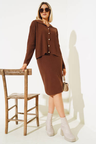 Ceketli Etekli Triko İkili Takım Kahve - Triko