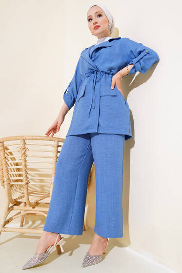 Ceketli Keten Takım İndigo - İkili Takım