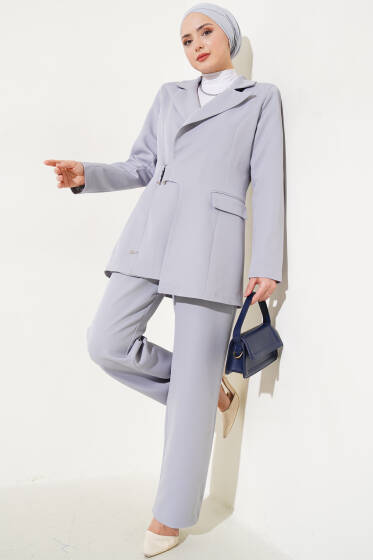 Ceketli Kruvaze Yaka İkili Takım Gri - İkili Takım