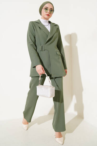 Ceketli Kruvaze Yaka İkili Takım Haki - İkili Takım
