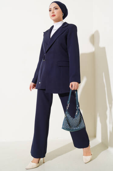 Ceketli Kruvaze Yaka İkili Takım Lacivert - İkili Takım