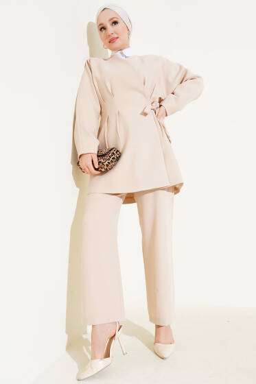 Ceketli Yandan Bağlamalı İkili Takım Bej - İkili Takım
