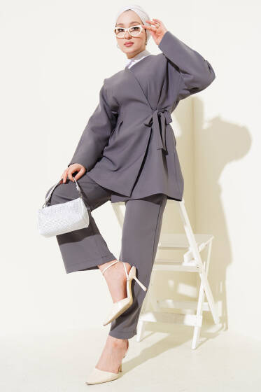 Ceketli Yandan Bağlamalı İkili Takım Füme - İkili Takım