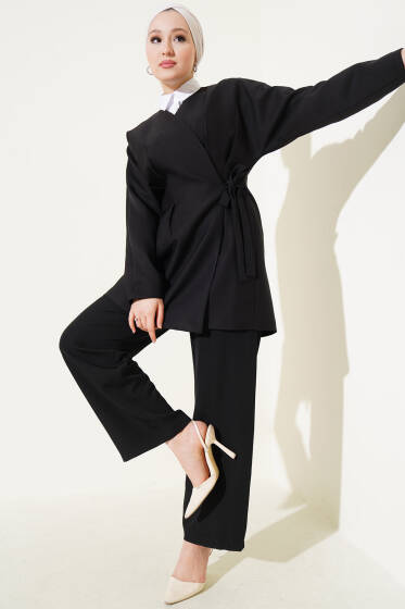 Ceketli Yandan Bağlamalı İkili Takım Siyah - İkili Takım