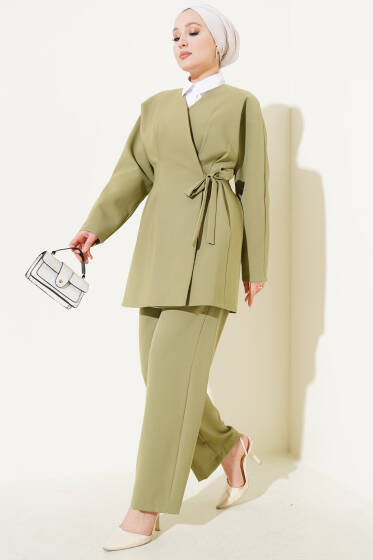 Ceketli Yandan Bağlamalı İkili Takım Yağ Yeşili - İkili Takım