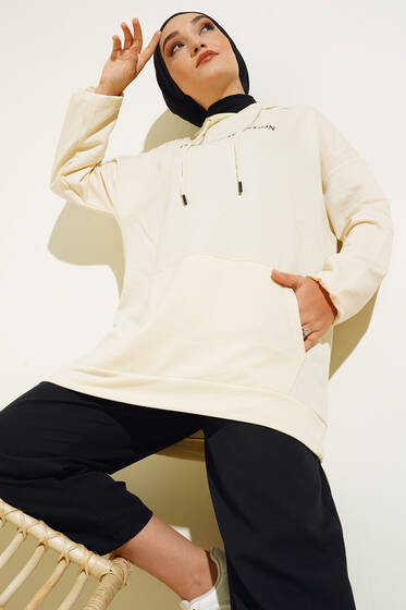 Center İki İplik Kapşonlu Tunik Bej - Tunik
